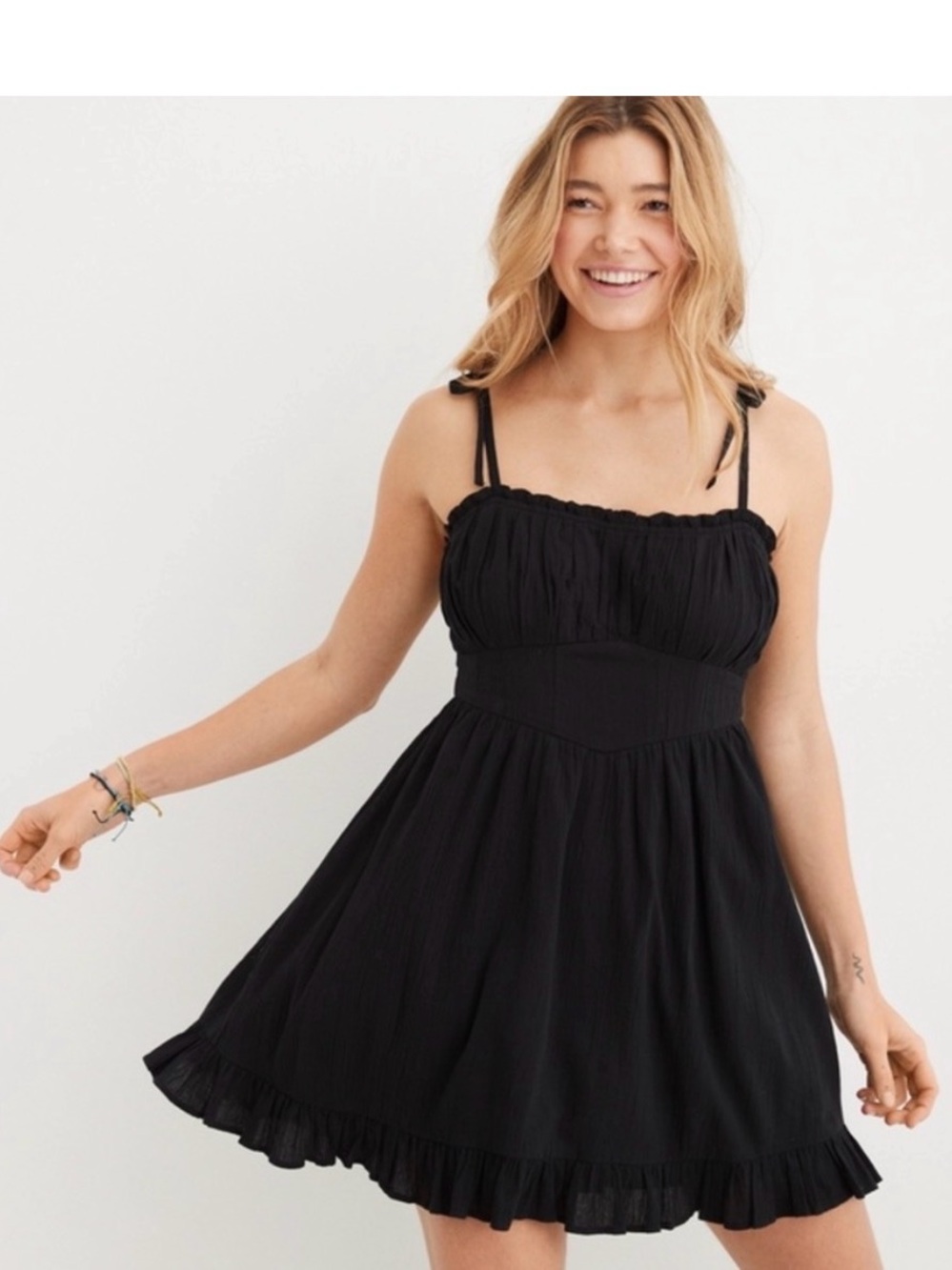 aerie Black Ruffle-Trim Mini Dress